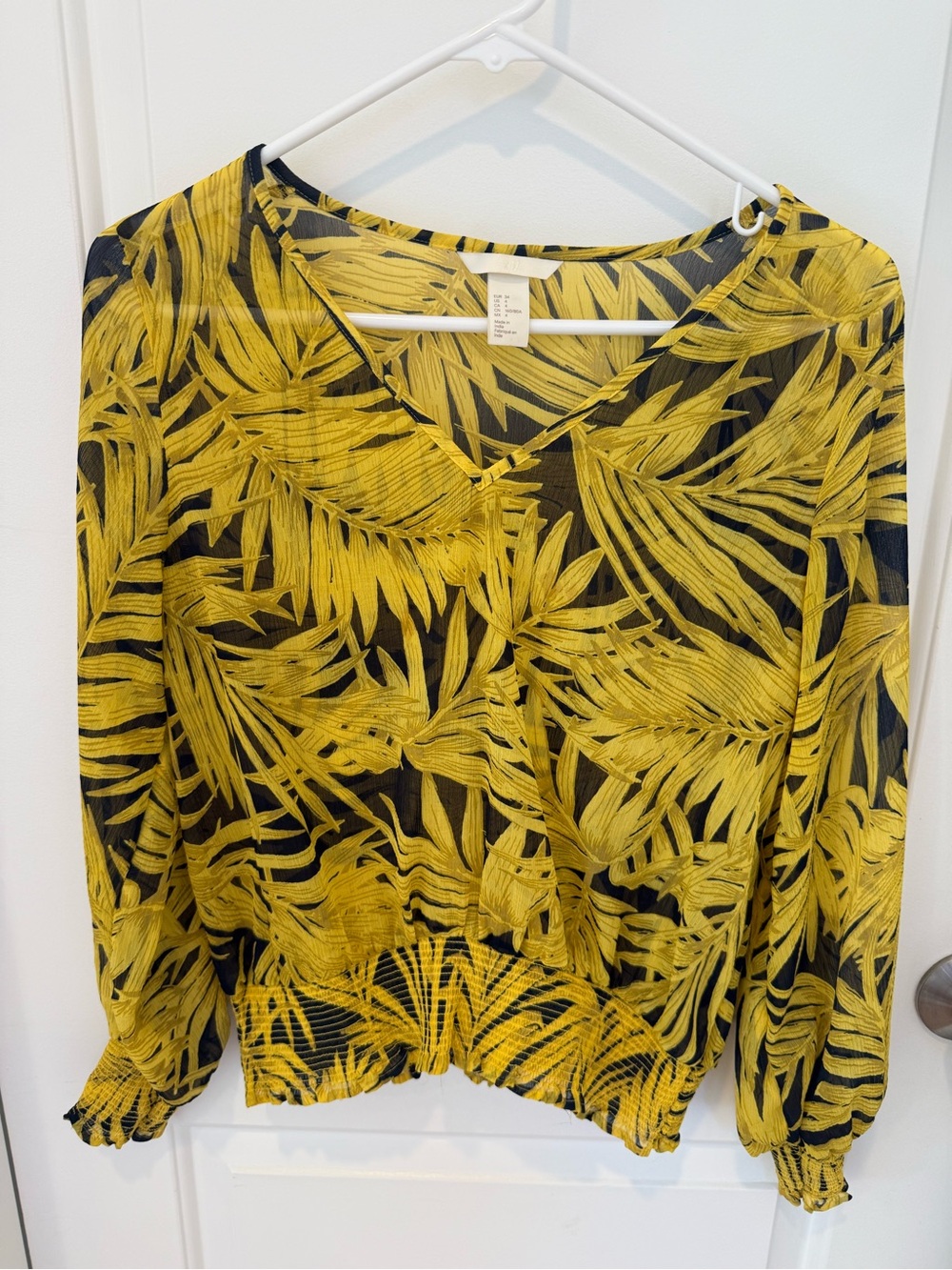 H&M Yellow Leaf Print V-Neck Long Sleeve Blouse